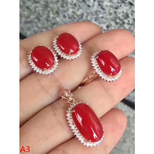 KJJEAXCMY Boutique jewels 925 pure silver inlaid natural red coral female pendant pendant ring 3 sets of gold