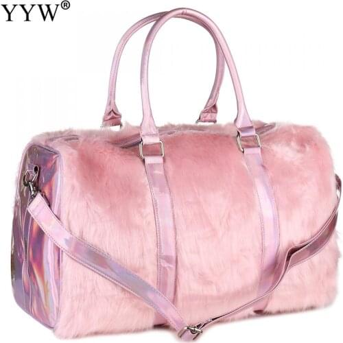Laser Symphony Pink Furry Fashion Portable Large Capacity Handbag Crossbody Large Bag Weekend Bag Short-Distance Travel Bag