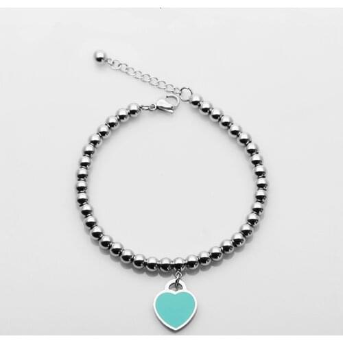 Hot Sale 5MM Bead Stainless Steel Heart Pendant Charm Bracelet Fashion Jewelry Best Gift for Women Chain Length 18 + 5CM
