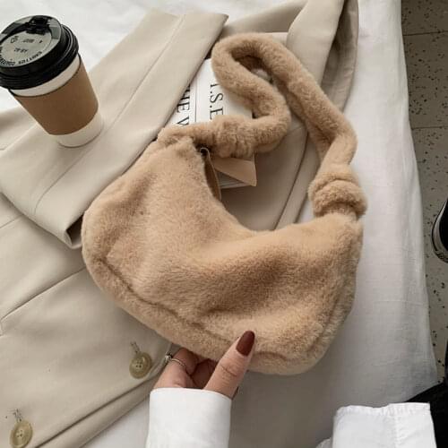 Fashion Soft Plush Women Hobos Handbags Faux Fur Ladies Small Shoulder Bags Winter Solid Color Female Clutch Purse Baguette Bag