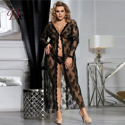 Comeondear Large Size Womens Nightie Gown Long Sleeves Sexy Bathrobe Transparent Lace Home Negligee Plus Size Women Clothing