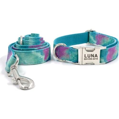 Personalized Dog Collar Custom Puppy Nameplate ID Tag Adjustable Strong Buckle Galaxy Stars Basic Pet Collars Lead Leash Set