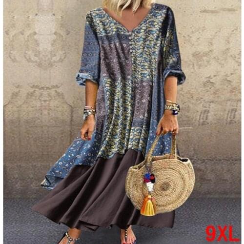Large size womens dress cotton and linen print plus size 5XL 6XL 7XL 8XL 9XL summer V-neck long sleeve loose blue dress