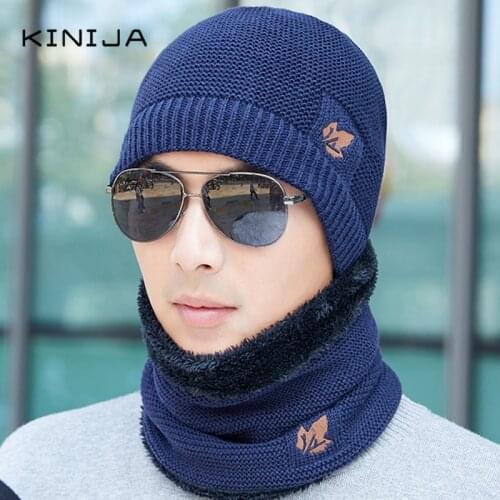 Coral Fleece Winter hat Skullies Beanies Men Hat Scarf Neck Warmer Breathable Wool Knitted cap Boys leaves Double Layers gorro
