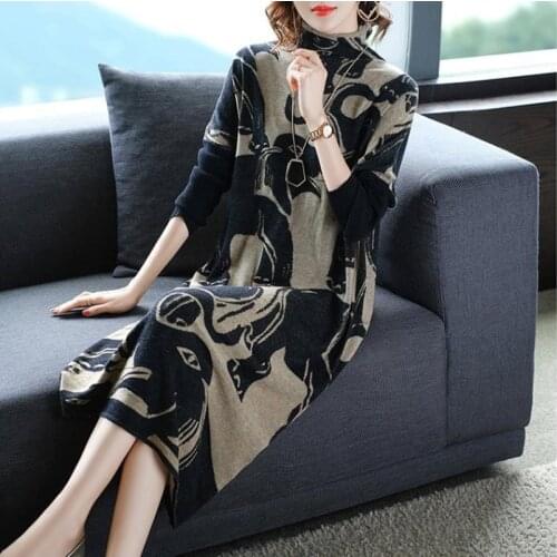 ZUOMAN Casual Loose Print Knitted Turtleneck Wool Sweater Dresses Autumn Winter 3XL Plus Size Vintage Elegant Long Sweater