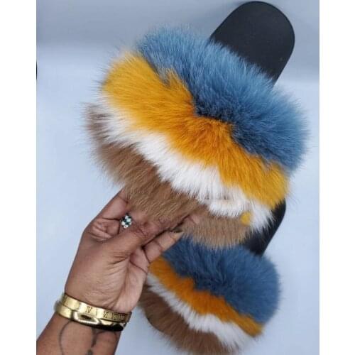 Fur Slides Women Summer Real Fashion Fur Slippers Plush Indoor Fluffy Fur Sandals Big Fur Flip Flops Indoor Shoes Wholesale