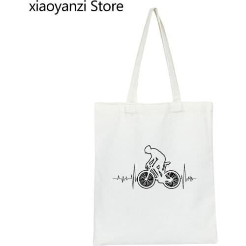 Biking MTB Student Books Bags Tote Fabric Canvas Bicycles Mountain Bike Heartbeat Shopping Bag Bicycle Cycling Shoulder Bags