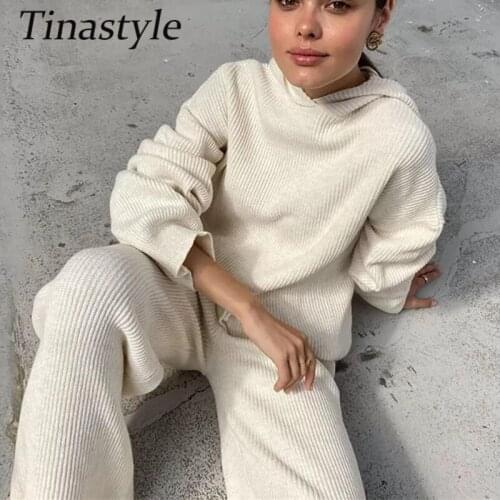 Tinastyle Ribbed Knitted Two Piece Set Winter Sweater Women Hoodies And Lace Up Wide Leg Pants Streetwear Fashion 2 piece Outfit