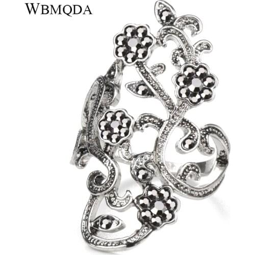 Wbmqda Graceful Tibetan Silver Crystal Flower Rings For Women Vintage Jewelry Mosaic Gray Crystal Big Ring Party Accessories
