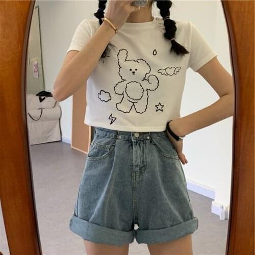 Korean Clothes Women Harajuku Kawaii Cute Cartoon Print Crop Tops Female Casual Slim Tshirts Streetwear Short Sleeve Tee Shirts