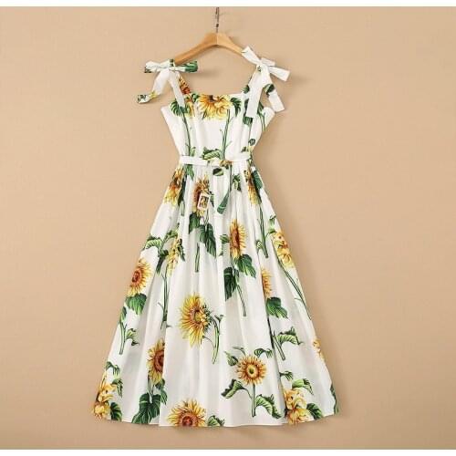 European and American womens wear for summer 2021 bowknot Condole belt lace-up Fashion cotton sunflower print dress