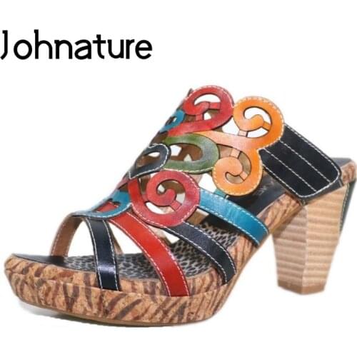 Johnature Genuine Leather Women Shoes 2021 New Summer Slippers Mixed Colors Sewing Outside Slides National Style Women Slides