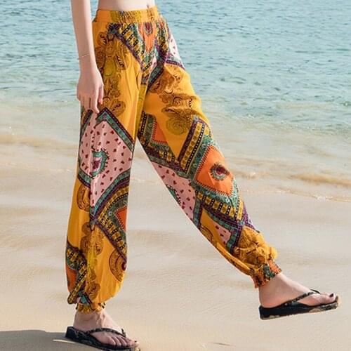 Women Thin Beach Pants Bohemian 2019 Spring Summer Trousers Female High Waist Harem Pant Plus Size Loose Print Bloomers Teenager