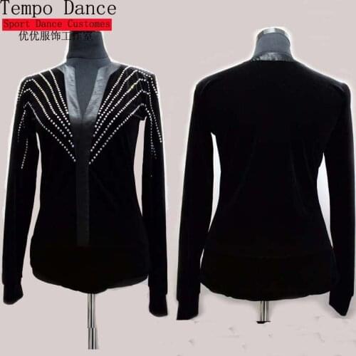 Bodysuit Ballroom Dance Shirt Black Latin Top Velvet Diamond Men Dance Shirt For Cha Cha/Rumba/Samba/Tango/Jazz/Waltz Wear