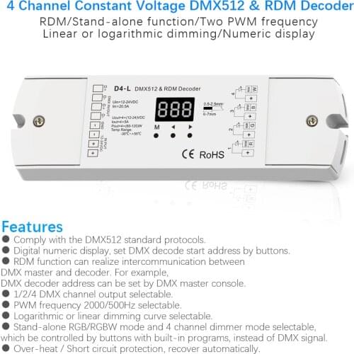 D4-L DC12V-36V 20A 4 channel 4CH PWM constant voltage RDM DMX512 decoder DMX512 LED Controller for RGB RGBW LED Strip