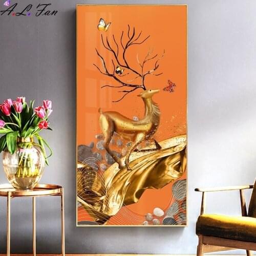 Modern light luxury lucky deer decorative painting color streamer vertical version American living room corridor aisle mural