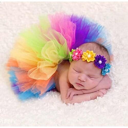 Baby Rainbow Tutu Skirts Girls Handmade Ballet Tulle Pettiskirt Underskirts with Flower Headband Set Newborn Photography Skits