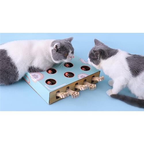 Solid Wood Cat Hunt Toy Chase Mouse Interactive Maze Pet Hit Hamster with 5-Holed Mouse Hole Grind Claw Training Cats Brain Game
