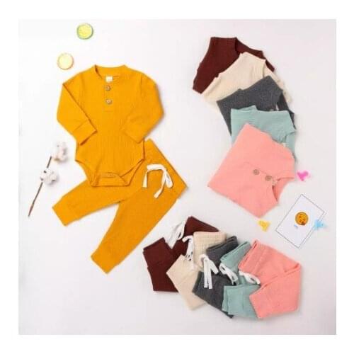 Infant Newborn Baby Girls Boys Spring Autumn Ribbed Solid Clothes Sets Long Sleeve Bodysuits + Elastic Pants 2PCs Solid Outfits