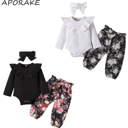 2021 0-24M Baby Girl Clothing Set Autumn New Fresh Solid Color Long Sleeve Knit Romper and Flower Long Pants with Headband 3pcs