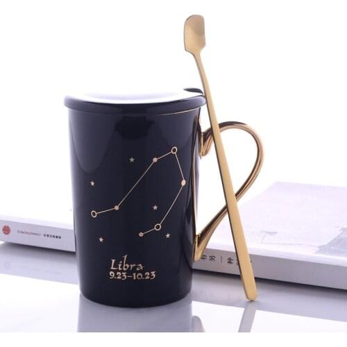 Mug Bone China Twelve Constellation Ceramic Mug Real Gold Water Cup With Lid Spoon Business Gift Coffee Cup Customization
