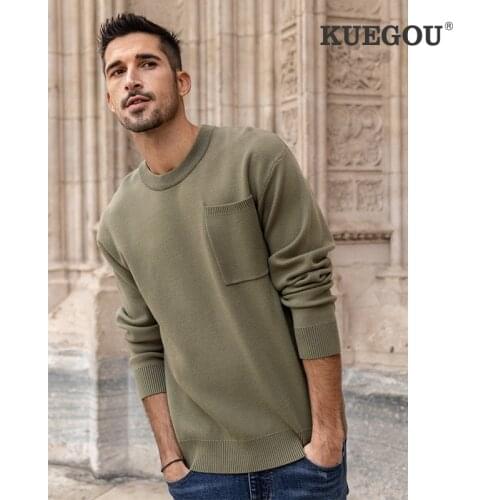 KUEGOU 2021 Autumn Plain Green Print Pockets Sweater Men Fashion Pullover Casual Jumper Male Wear Brand Knitted Clothes 26073