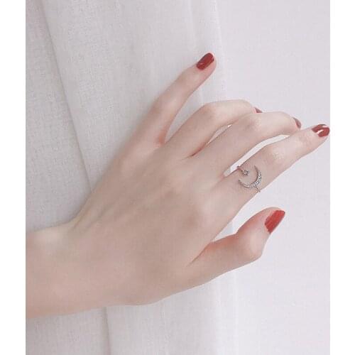 Cute Moon and Star Adjustable 925 Sterling Silver Rings with Zirconia Bling Stone for Women Fashion Wedding Engagement Jewelry