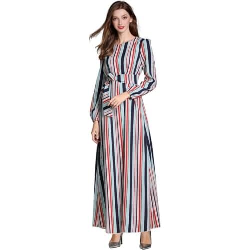 MultiColor Stripe Muslim Formal Dress Arab Oman Turkey Morocco Loose Plus Size Maxi Robes Femme Eid Ramadan Abaya Women Clothing