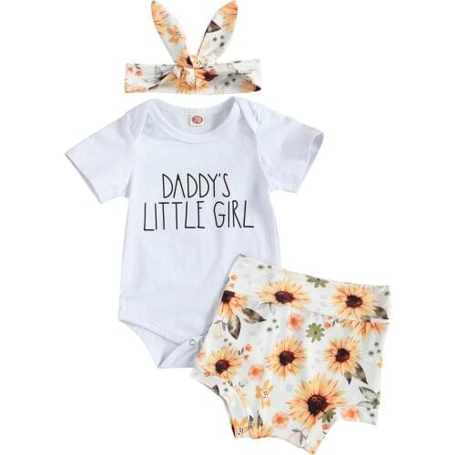 New 3Pcs Baby Girls Outfit Summer Breathable Short Sleeve Round Collar Letter Romper + Sunflower Printing Shorts + Headwear Set