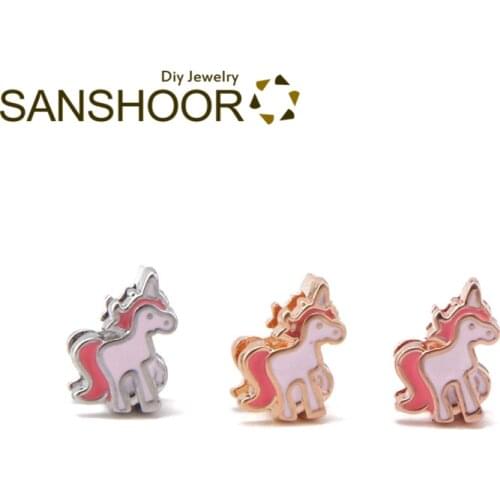 SANSHOOR Alloy Unicorn Slide Charms Fit 8mm Wide Keeper Bracelet Handmade Wristband Belts For Women Toddler Children Gifts 6Pcs