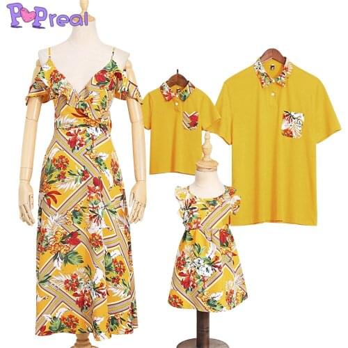 PopReal Parent-Child Dress Mother And Daughter Dress Father And Son Suit Shirt Stitching Pocket Printi Family Matching Clothes