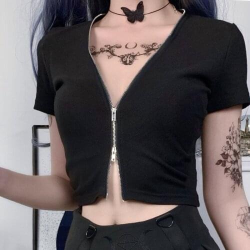 Sexy V-neck Bodycon Tops Women Harajuku Streetwear Black Short Sleeve Zipper Tops T-shirt Summer Gothic Crop Tops Female