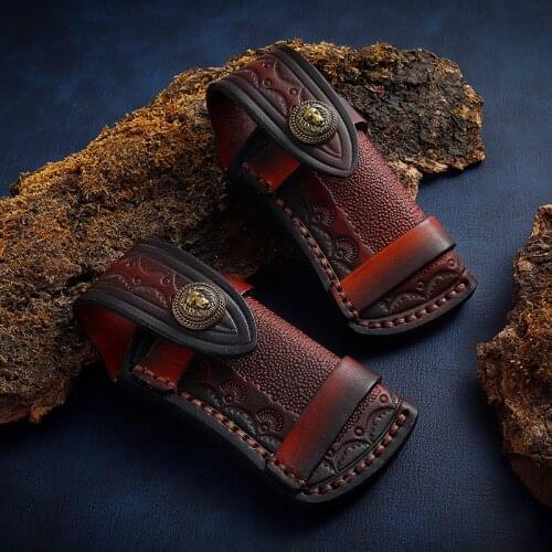 First Layer Cowhide Leather Folding Knife Scabbard Outdoor Pocket Knive Sheath Carved Vegetable Tanned Leather Case Holster Lion