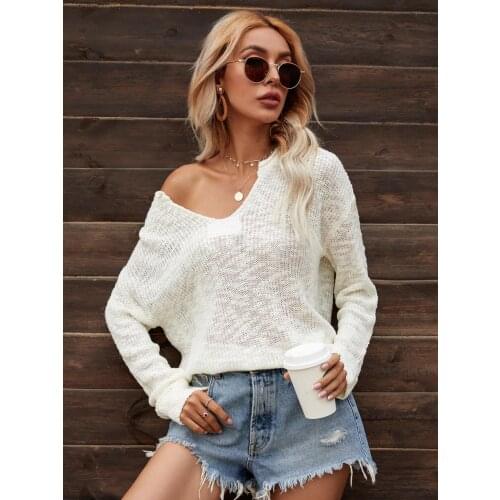 Women Knitted Sweater Fashion Loose V-Neck Solid Color Hedging Streetwear Tops Casual Long-Sleeved Split Sweaters