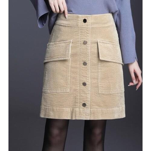 Fall Winter Casual Womens High Waisted Pockets Blue Black Beige Corduroy Skirt , Autumn 4xl Vintage Knee Length Skirts for Women