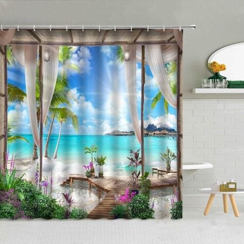 3D Sea View Sandy Beach Flower Green Plants Shower Curtain Fabric High Quality Bathroom Supplies Decor With Hooks Cloth Curtains