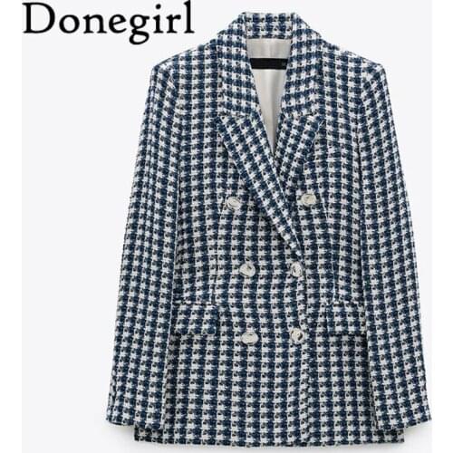 New 2021 Spring Autumn Blazer Women Double-Breasted Tweed Blazer Coat Vintage Long Sleeve Pockets Female Outerwear veste femme