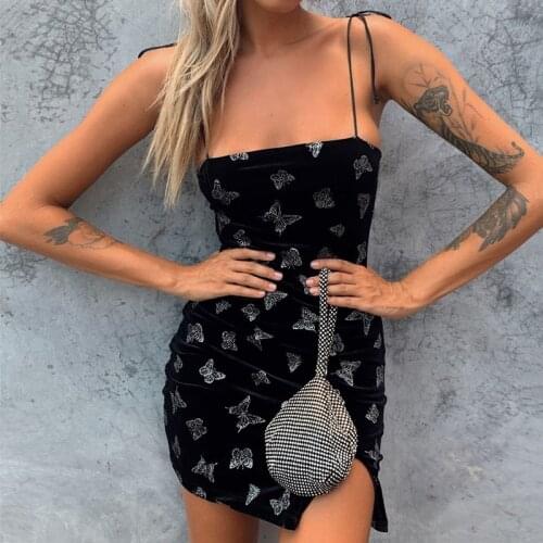Black Sexy Women Low Cut Slash Neck Butterfly Printing Velvet Split Slim Dress Goth Female Spaghetti Straps Mini Dresses