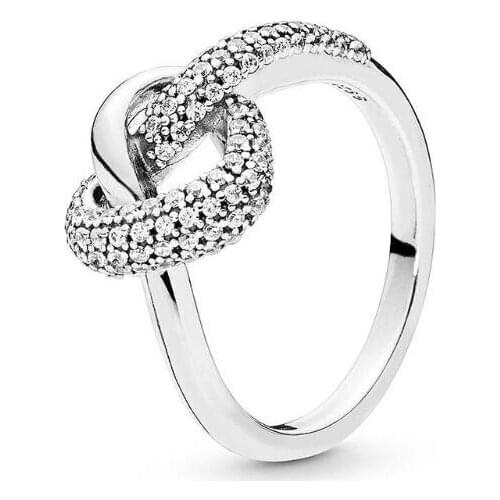 100% 925 Sterling Silver Pan Ring Knotted Heart Symbol Of Love Crystal Ring For Women Wedding Party Gift Fine Jewelry