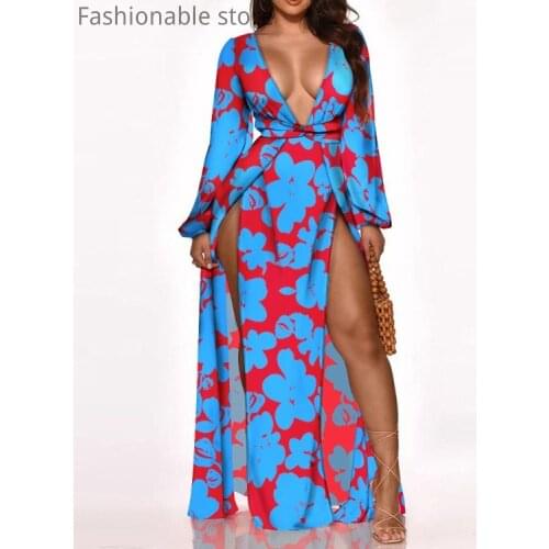 Women Sexy Deep V Neck Lantern Sleeve Side Slit Print Maxi Dress