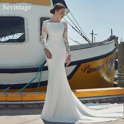 Elegant Lace Long Sleeves Wedding Dress Mermaid 2021 Sheer Back Pearls Buttons Chapel Train Bridal Gown Soft Satin Weeding Gowns