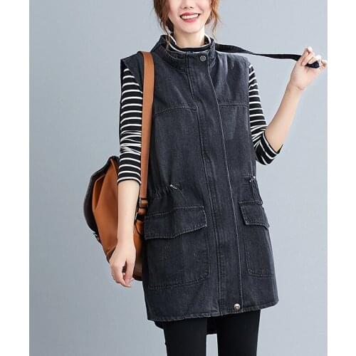 2021 Oversize Denim Vest Women Spring Autumn Solid Casual Top Stand-up Collar Sleeveless Jeans Waistcoat Plus Size 5XL KW1067