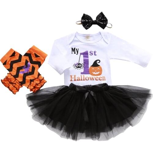 Newborn Baby Kid Girl My Halloween Clothes Pumpkin Printed Romper Top Tutu Skirt Dress Headband Leg Sleeve Clothes Suit 4pcs