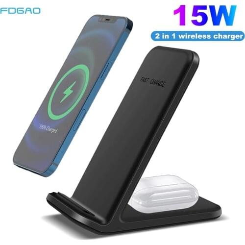 FDGAO 15W Qi Wireless Charger 2 in 1 Fast Charging Stand For iPhone 12 Mini 11 Pro XS Max XR X 8 Airpods Pro Samsung S20 S10 S9