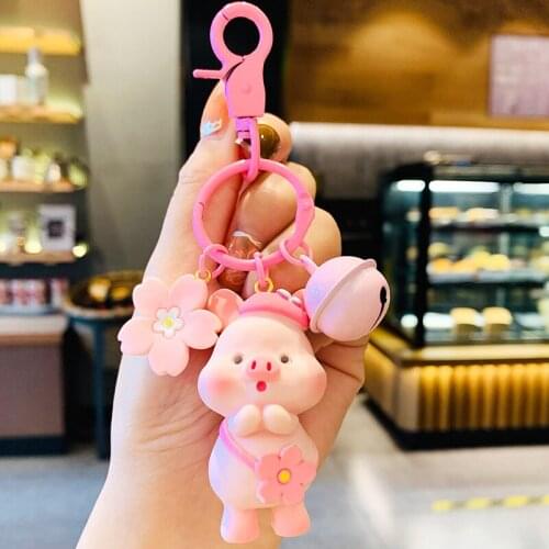 Cartoon Piggy Pink Sukura Flowers Animal Rubber Keychain Keyring Anime Lovely Girl Accessories Key Chains Pendant Trinkets D766
