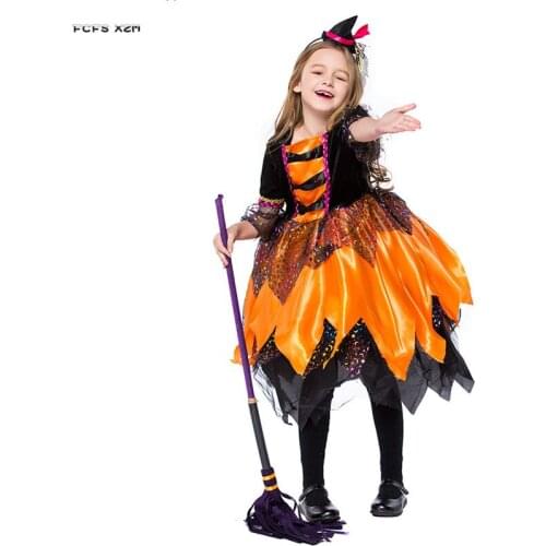 S-XL Girls Halloween Sorceress Costume for Children kids Magician Witch Cosplay Carnival Purim stage show Masquerade party dress