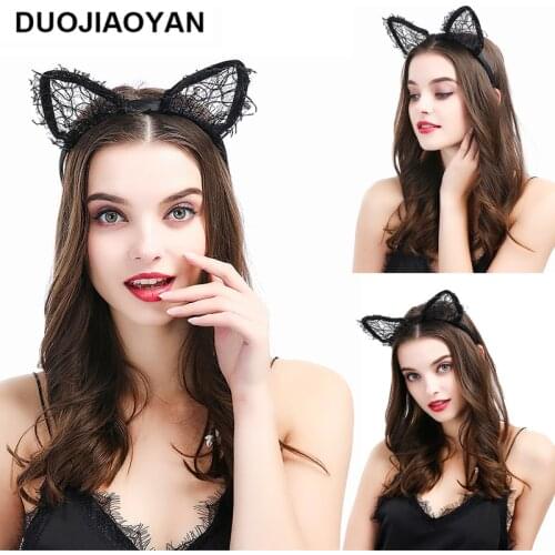 DUOJIAOYAN 2020 Fashion New Design Cute Hairband Women Lace Lovely Cat Ear Head Party Jewelry Hair Band Black Halloween Headband