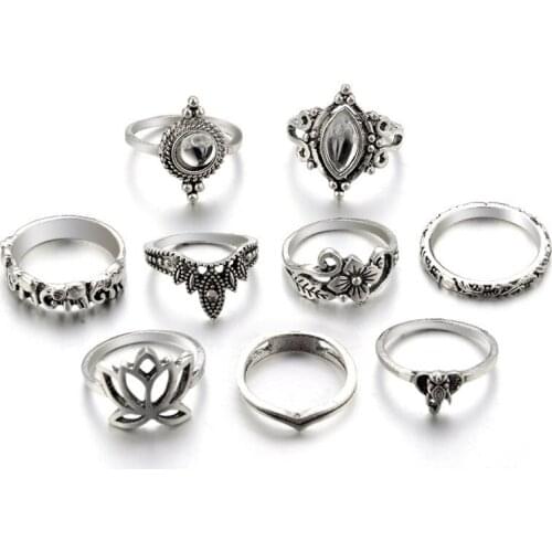 New Retro Exaggerated Hollow Carved Big Gem Lotus Shape 10-piece Set Ring Jewelry Accessories