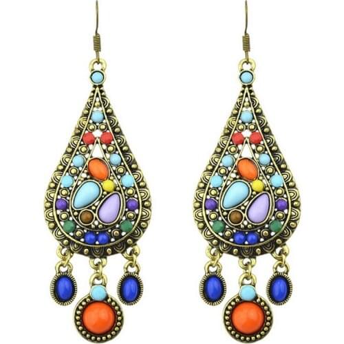 Hot Sale Ethnic Style Vintage Bohemian Colorful Created Resin Long Drop Earrings New Hooks Brincos For Women