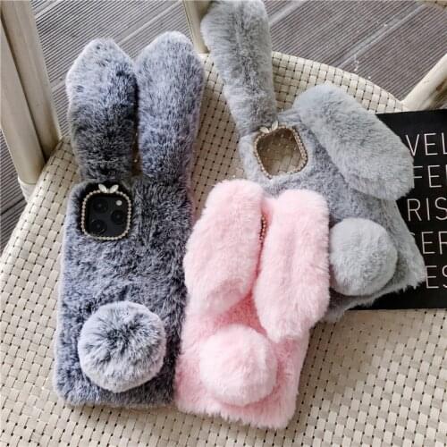 Soft Plush Phone Case For iPhone 11 12 Pro XR X Xs Max 7 8 6 6s Plus 5 5S SE 13 mini 3D Furry Rabbit Bunny Warm Fur Hair Cover